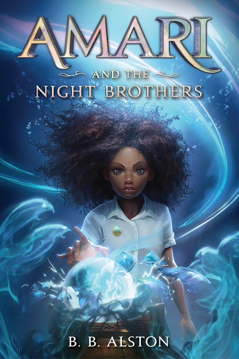 Book Cover; Mystical blue background with swirling shades of blue and white showing the magic around; Black girl in the middle with a uniform on, staring straight with hand out, and large curly hair blowing