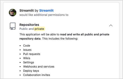 GitHub list of permissions Streamlit is requesting