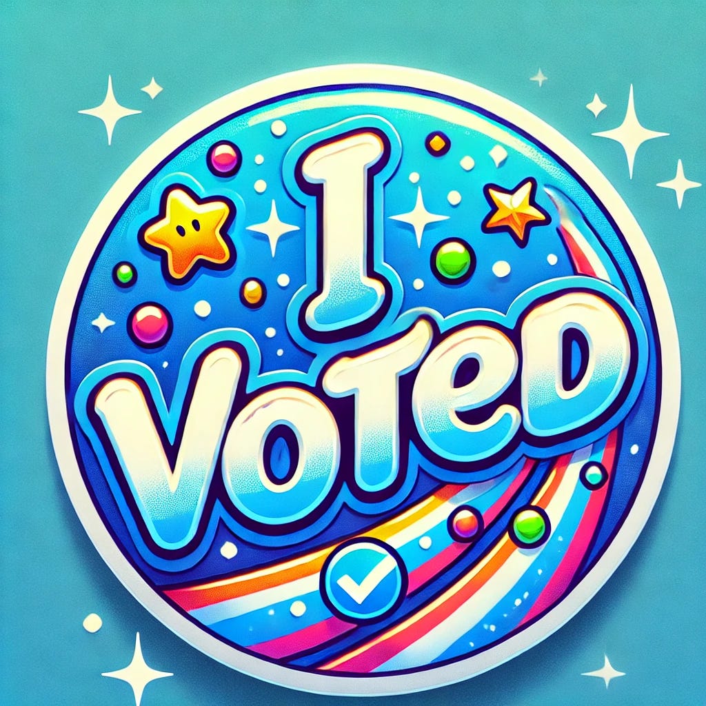 A fun and vibrant 'I Voted' sticker design with bold shades of blue and playful elements. The sticker is circular and features 'I Voted' in a lively, rounded font with colorful confetti or sparkles around it. The design includes a cheerful star or check mark, adding energy and excitement to the sticker. The background has a dynamic blue gradient or swirling pattern to create a sense of celebration, making it eye-catching and fun while still keeping a patriotic vibe.