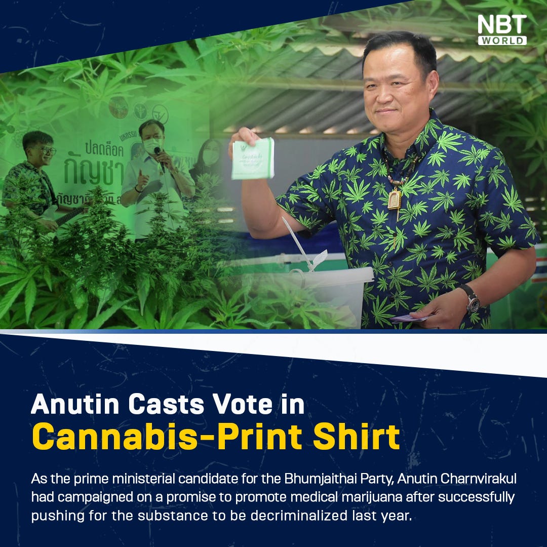 NBT WORLD News on X: "Anutin Charnvirakul wears a dark shirt adorned with  vibrant green cannabis leaves for general election. See more:  https://t.co/fW8KJuNgLB #Thailand #Thai #Election #Bhumjaithai #Politics # Marijuana #Cannabis #Government #Law #