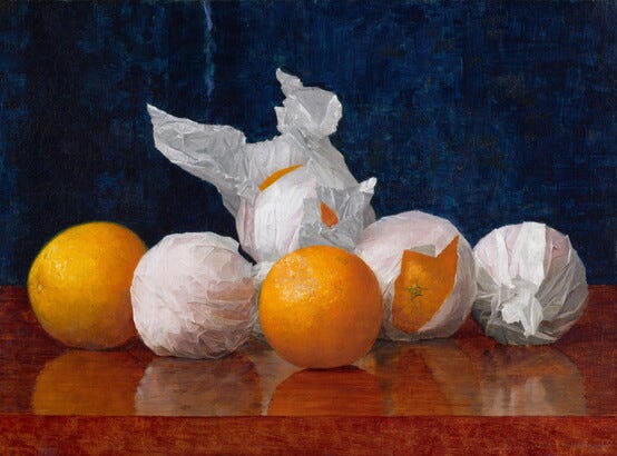 A still life oil painting of oranges, some wrapped in tissue paper, on a shiny mahogany table.