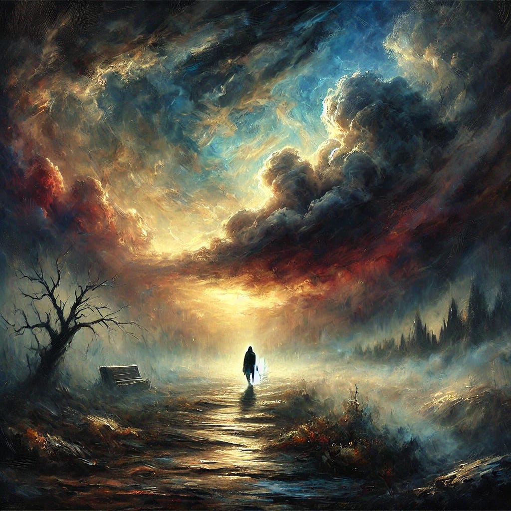 A dark yet optimistic impressionist painting depicting a mysterious world of the unknown. A dense fog rests heavily on a figure’s shoulders as they tread carefully forward. The path ahead reveals itself with each thoughtful step, symbolizing intuition and respect for the journey. At times, the fog lifts, revealing a vast horizon with both horror and beauty, painted in dark tones with glimpses of vivid, warm colors breaking through. The scene portrays a sense of hope as the figure strives to build something beautiful in this new and uncharted territory. Use dramatic light and shadow to emphasize the duality and emotional depth.