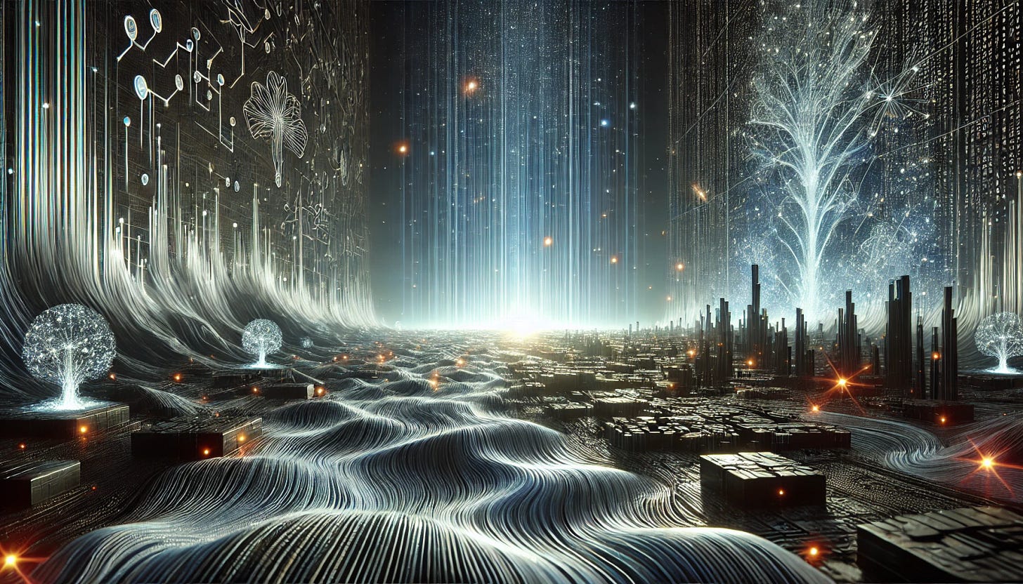 A futuristic, abstract landscape representing the concept of AI security and prompt injection. The foreground consists of flowing data streams, some broken and jagged, symbolizing the vulnerabilities of prompt injection. In the distance, towering digital walls, glowing faintly, suggest robust defenses. The sky is a deep gradient of blue and black, dotted with neural network-like patterns, representing AI systems. Light flares or glitch-like effects weave through the data streams, emphasizing the ever-present challenge of securing AI in an evolving landscape. The entire scene should feel modern and high-tech, with a slightly ominous tone.