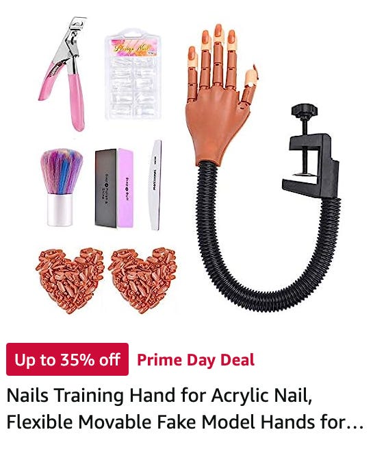 Ad for an acrylic nail training hand; it's plastic and has a clamp and a long bendy tube so you can adjust the angle. It kind of looks like a hand, but all the last knuckles are separated.
