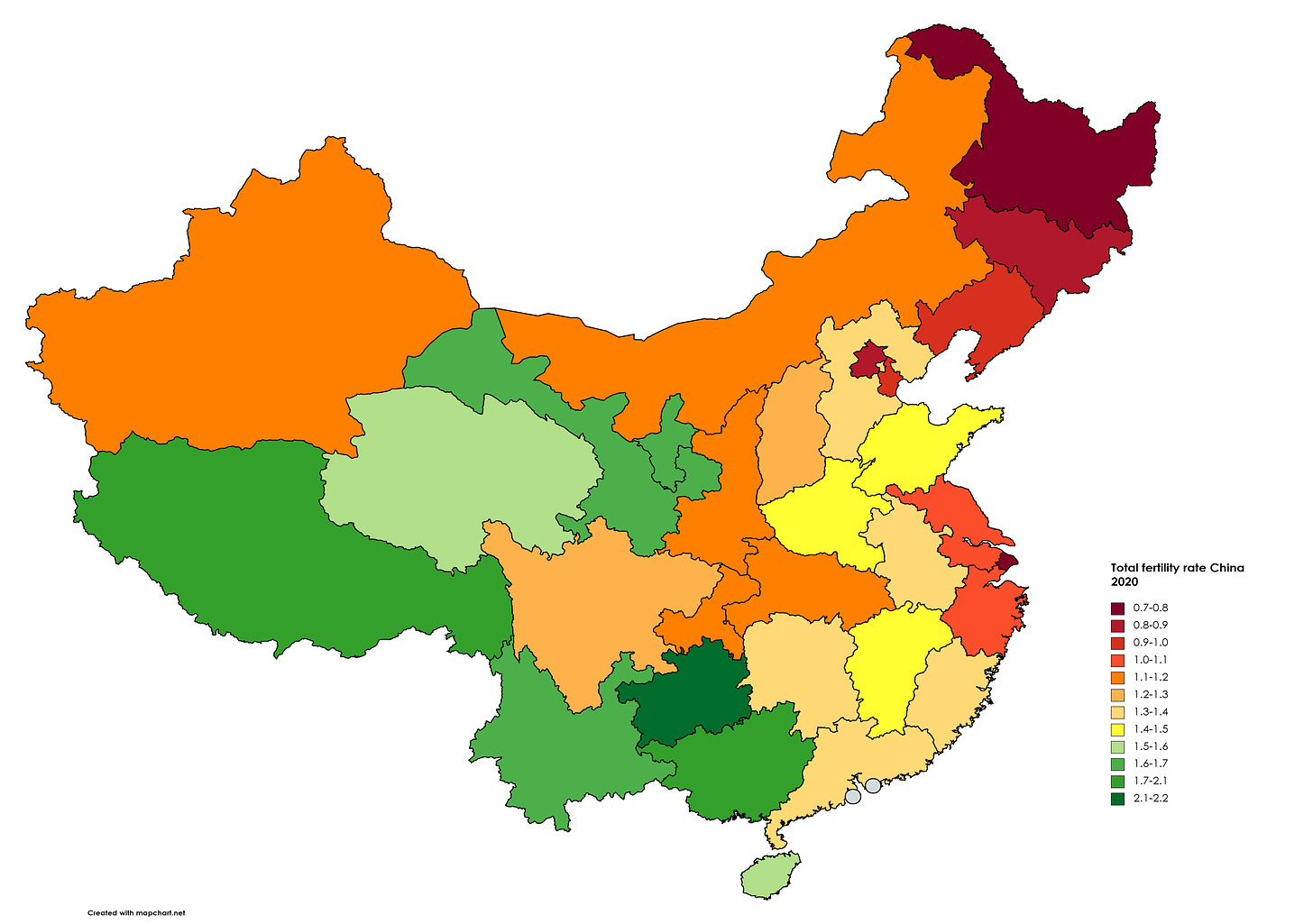 r/MapPorn - Total fertility rate in China by province (2020 Census)