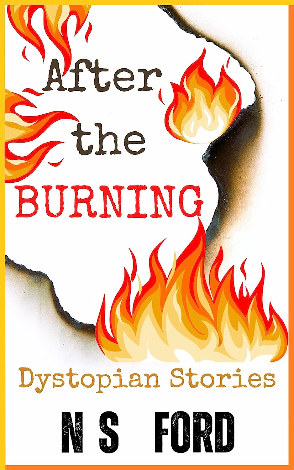 Book cover of After the Burning by N S Ford, showing flames burning paper.