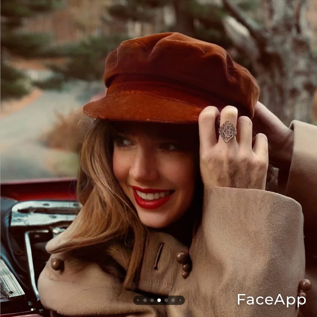 AI-generated image of Taylor Swift with big eyes and smile.