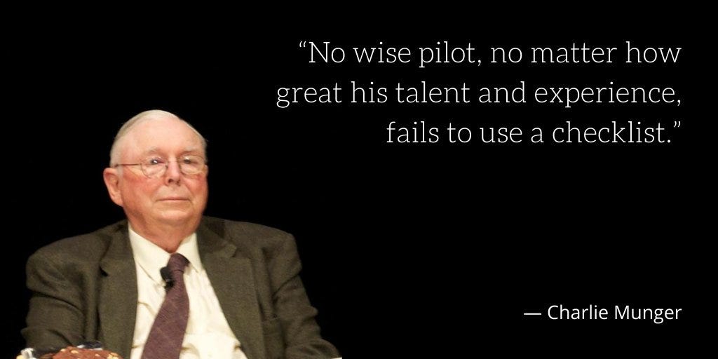 Charlie Munger Quotes and Wisdoms on X: "Charlie on checklists “No wise  pilot, no matter how great his talent and experience, fails to use a  checklist.” #checklist #quote https://t.co/P3NxFewvuN" / X