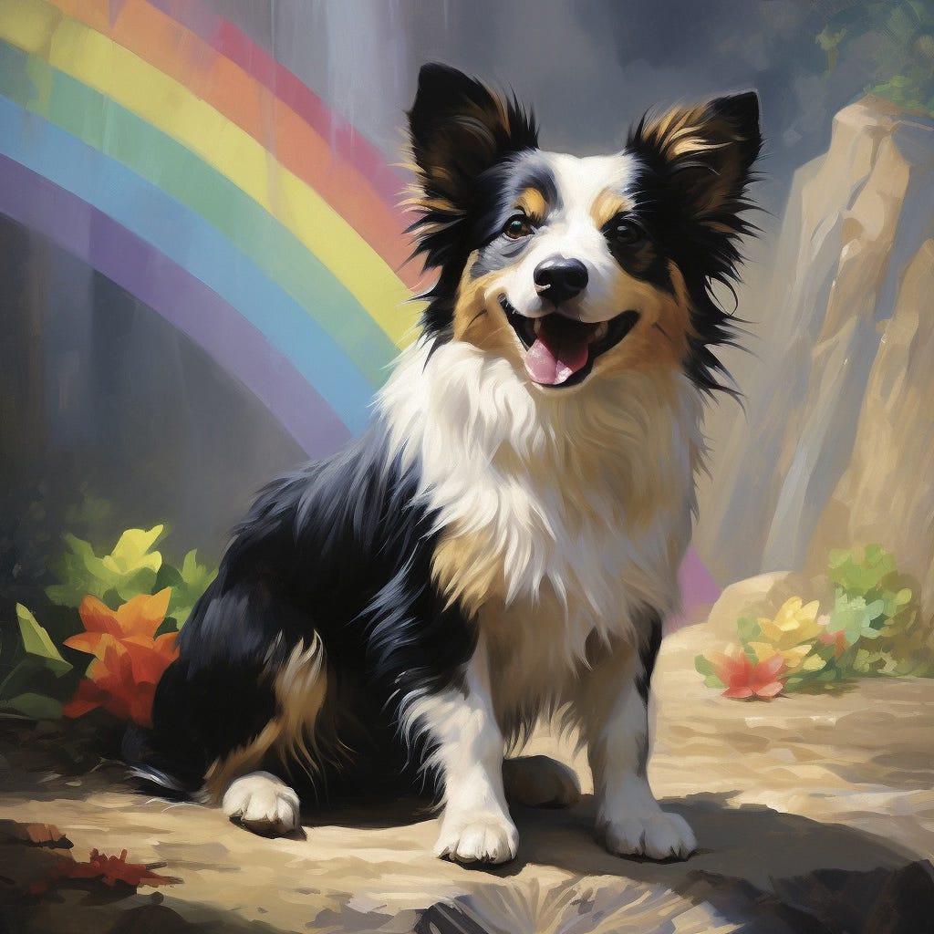 image of a tri-color dog with prick ears at the rainbow bridge.