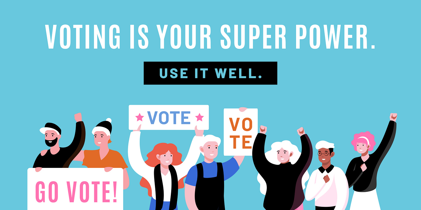 Voting is your superpower banner with drawn people holding up signs to vote