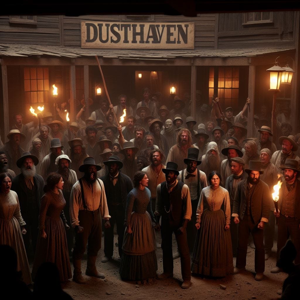 Thumbnail Image an angry crowd in Dusthaven, a small mining town in the American Southwest, circa 1875 at night