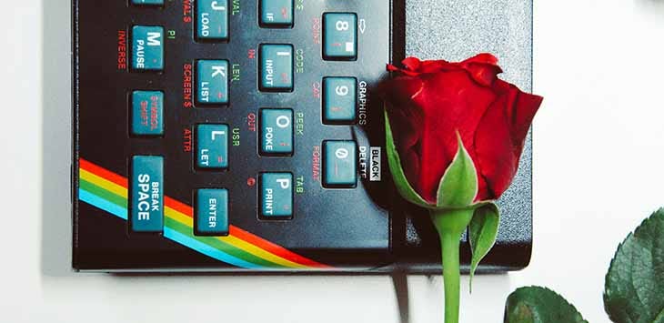 Photo of a red rose resting on the keyboard of a ZX Spectrum.