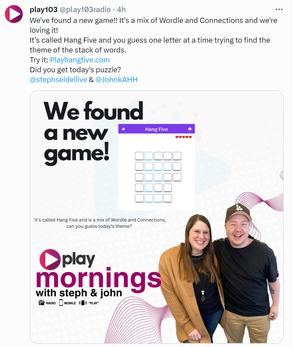 We've found a new game!! It's a mix of Wordle and Connections and we're loving it!  It’s called Hang Five and you guess one letter at a time trying to find the theme of the stack of words.  Try it: http://Playhangfive.com  Did you get today's puzzle? @stephseidellive  &  @JohnkAHH