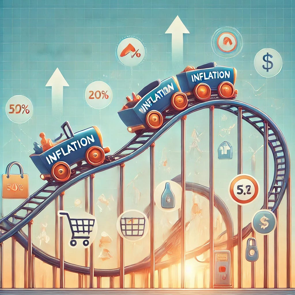 A professional and engaging illustration representing the concept of inflation as a rollercoaster. The image features a rollercoaster track with a cart labeled 'Inflation' going up and down, with symbols like upward arrows and price tags along the track to represent rising costs. Below the rollercoaster, there are icons representing different expenses like a shopping cart, a gas pump, and a house, showing the impact of inflation on everyday costs. The background includes a gradient sky with soft blues and oranges to represent the ups and downs of the economic ride. The style should be informative and visually appealing.