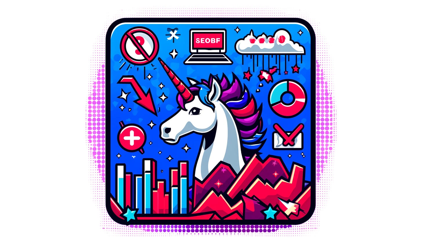 A stylized rectangular image representing '¿Qué Pasa con los Unicornios? Un Análisis de las Startups que No Lograron Convertirse en Gigantes 🦄📉' in a pop-art style. The image should feature symbols representing startups and unicorns, such as a unicorn icon with a declining arrow, charts, and shattered dreams of success. Use dynamic and bold colors like blue, purple, and red to emphasize the downfall of these startups. Ensure that all text is clearly written, correctly spelled, and reviewed for accuracy multiple times.