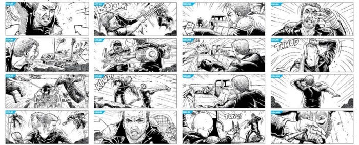 A number of storyboards from the movie Mad Max: Fury Road, which are almost set up like a comic. It outlines the director’s vision and what Max is doing in each particular shot.