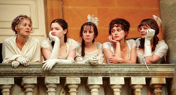 The Bennett sisters at a balcony in the 2005 adaptation of Pride & Prejudice.