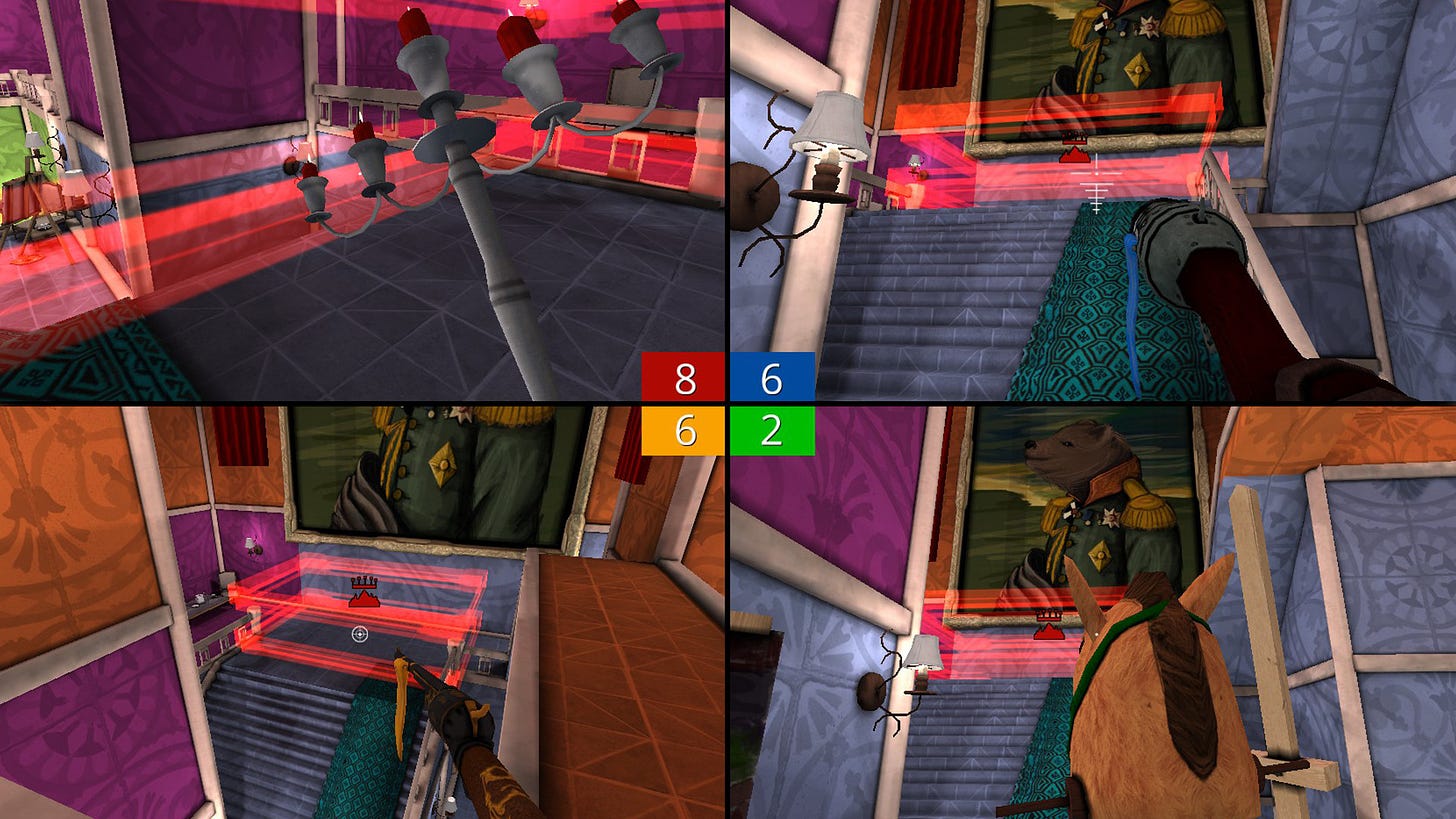 A four-player splitscreen. The perspective is first person, and players hold weapons like candlesticks and hobby horses.