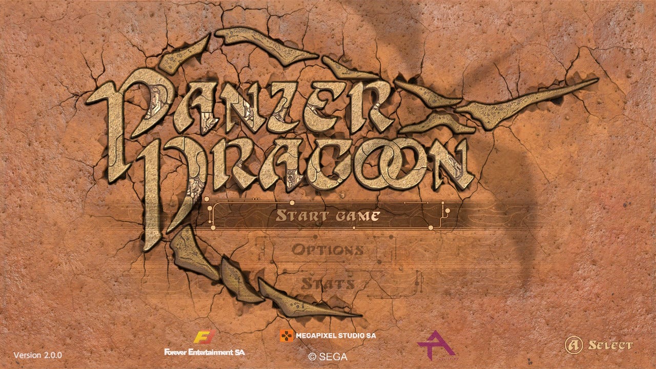 A screenshot of the title screen of Panzer Dragoon Remake, featuring the game's logo, the shadow of a dragon flying over the screen (a still image here, but actively flying across the screen in the game itself), as well as Start Game, Options, and Stats choices on the menu. The logo is made out of bones and looks as if it's both part of and contained within a dragon's head.