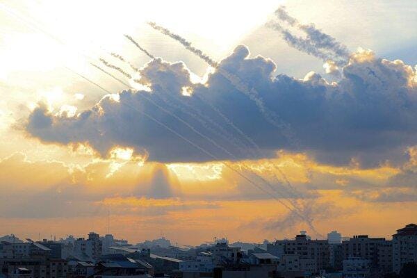 Rockets are fired from Gaza City towards Israel on Oct. 7, 2023. (Mahmud Hams/AFP via Getty Images)