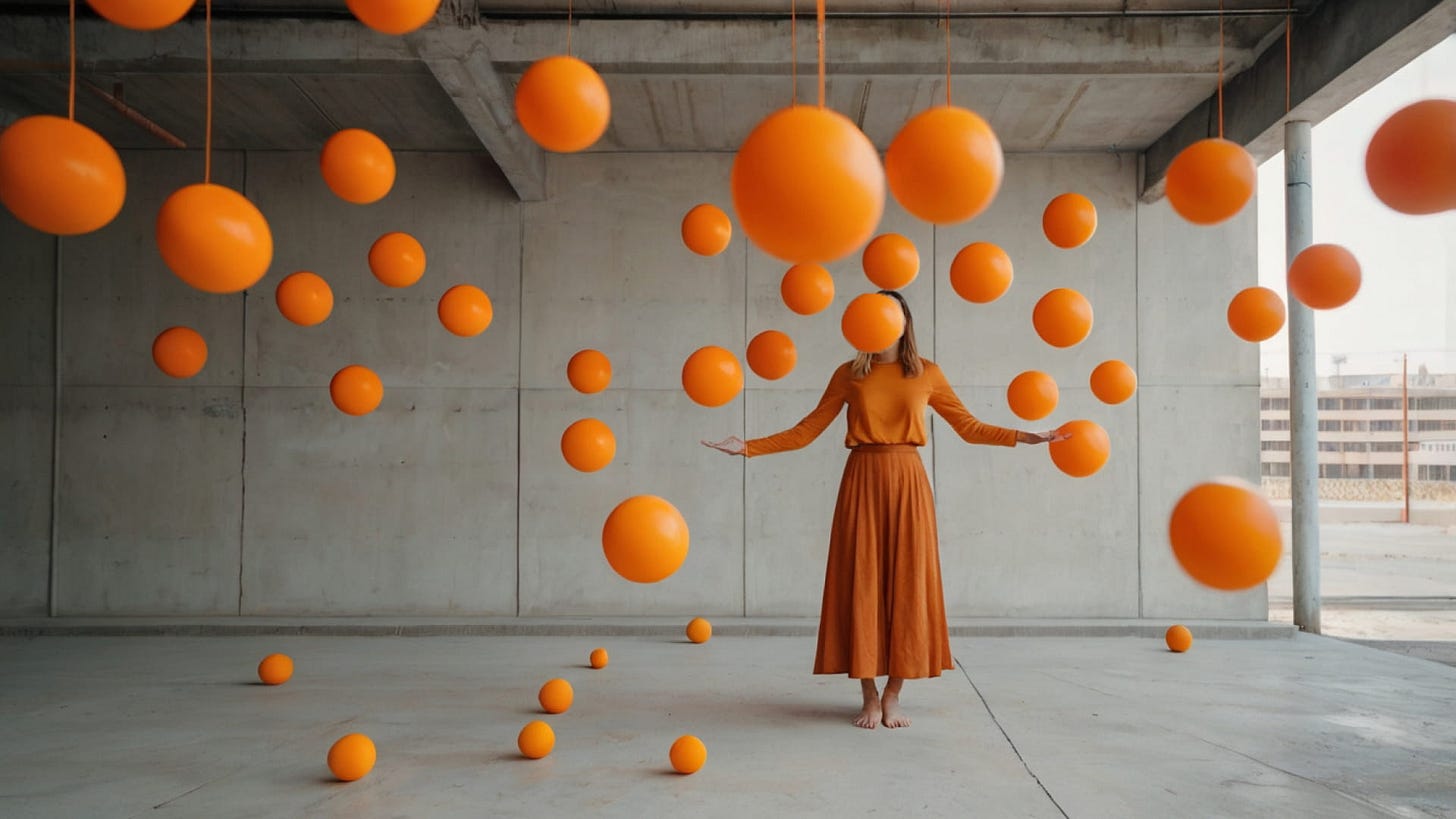 Woman standing among levitating essential orange balls in a house made of concrete Woman standing among levitating essential orange balls in a house made of concrete