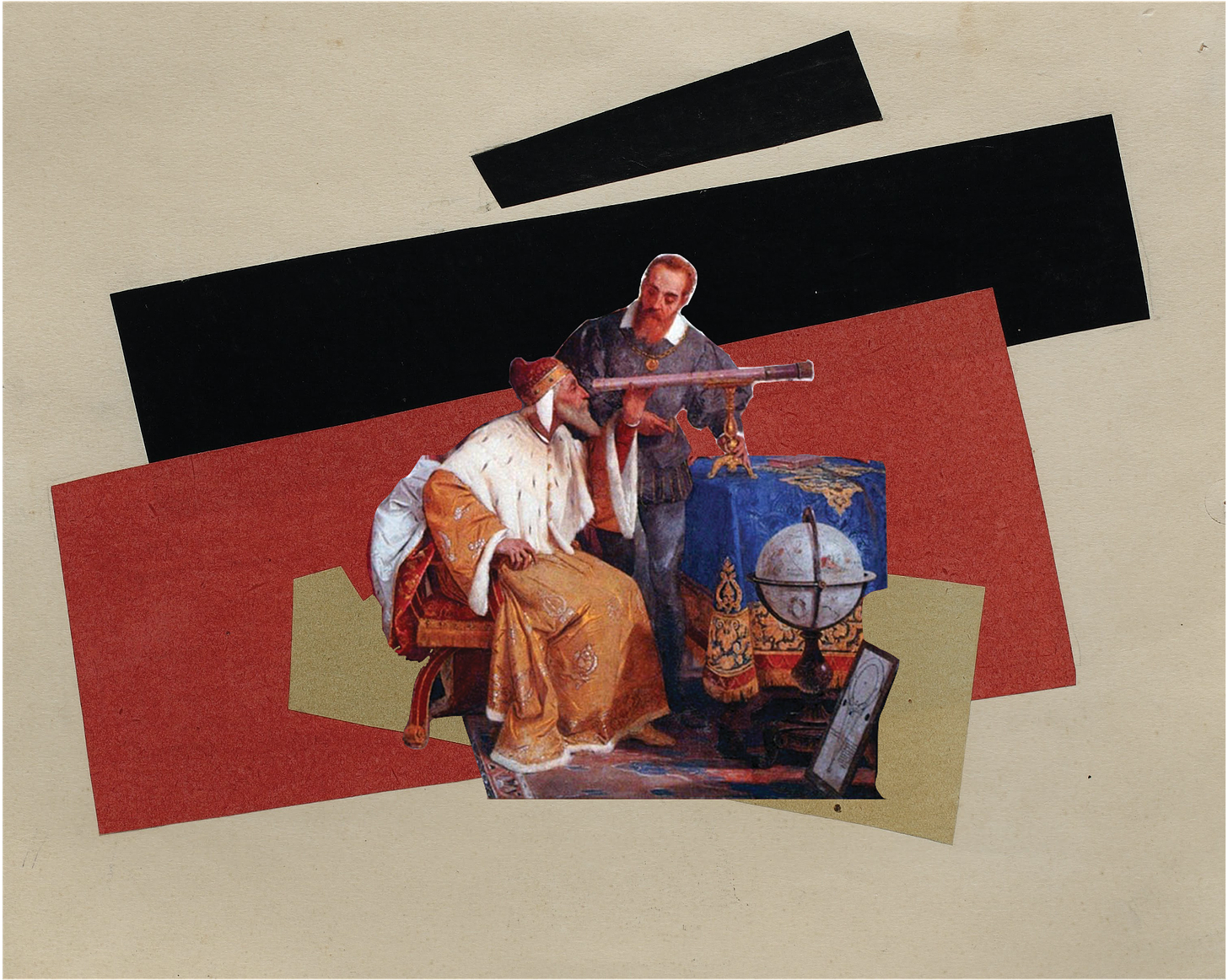 Image of Galileo showing the Doge of Venice how to use a telescope cut out and pasted on to composition that is tan with red, white, and gold squares
