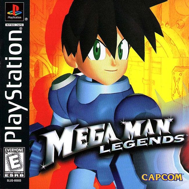 The Playstation cover art for Mega Man Legends, featuring the protagonist, Mega Man Volnutt, without his helmet on, smiling as he looks out from the box.