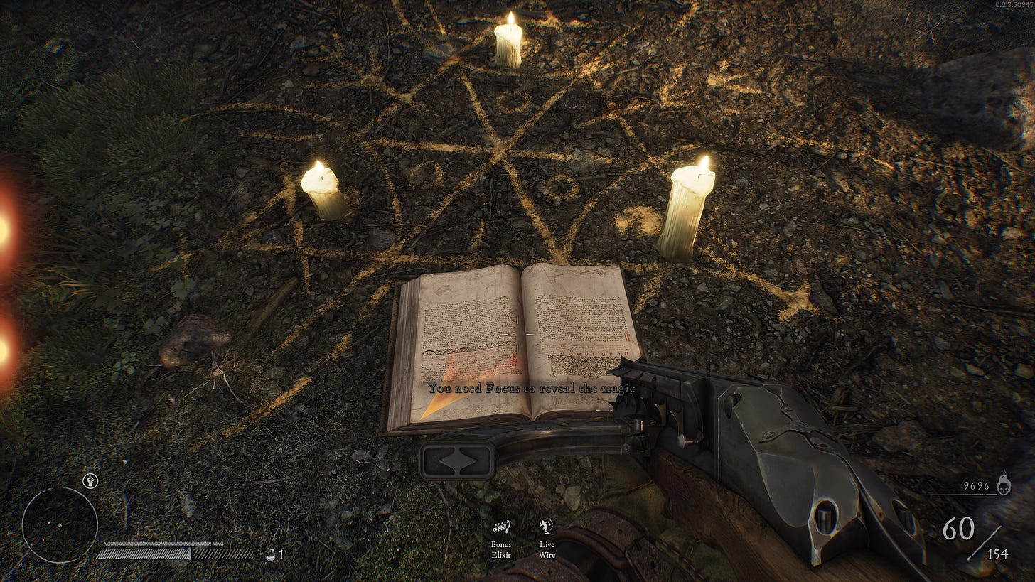 A screenshot of the game Witchfire showing an elaborate manuscript on the ground of the forest, with a symbol and candles in an elaborate golden design on top.