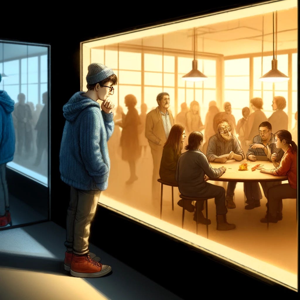 A digital painting of a person quietly observing a group of people through a one-way mirror. The observer's side of the scene is dimly lit, creating a reflective surface on the mirror that hides their presence. Their expression is one of curiosity and attentiveness, as they study the unsuspecting group on the other side. The group, illuminated by bright, natural light, is engaged in various activities, unaware of being watched. This contrast in lighting accentuates the division between the two realms, emphasizing the secrecy and the observer's detached perspective. The room on the observer's side is minimalistic, focusing the viewer's attention on the act of observation itself. The room being observed is lively and colorful, filled with people interacting in a natural, everyday environment. Drawn with: a focus on contrasting lighting to highlight the divide between the observer and the observed, using digital techniques to subtly suggest the reflective surface of the one-way mirror, and attention to facial expressions to convey the observer's intent.