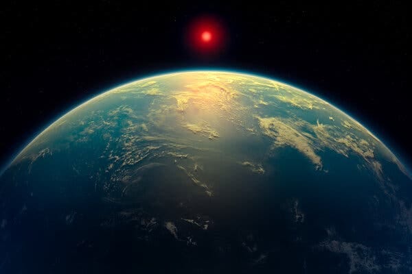 An illustration of a blue, earthlike planet and a tiny red star deeper in space.