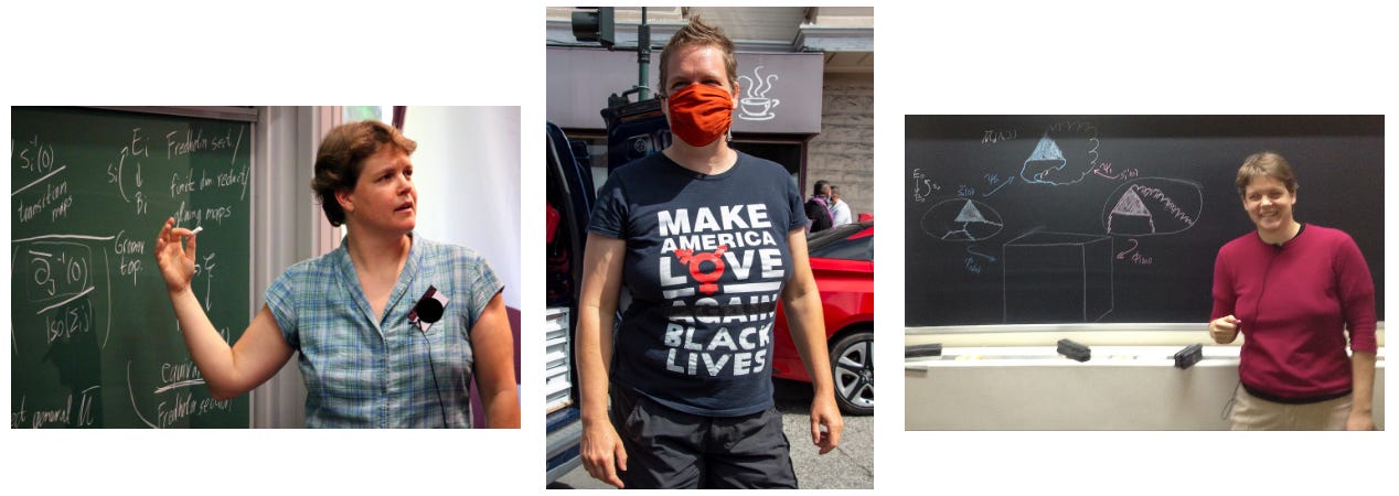 two images of Prof.Wehrheim at chalkboards and one image of Katrina wearing a red face mask and a t-shirt that says 'Make America Love Black Lives' .. with a struck out 'Again' in between