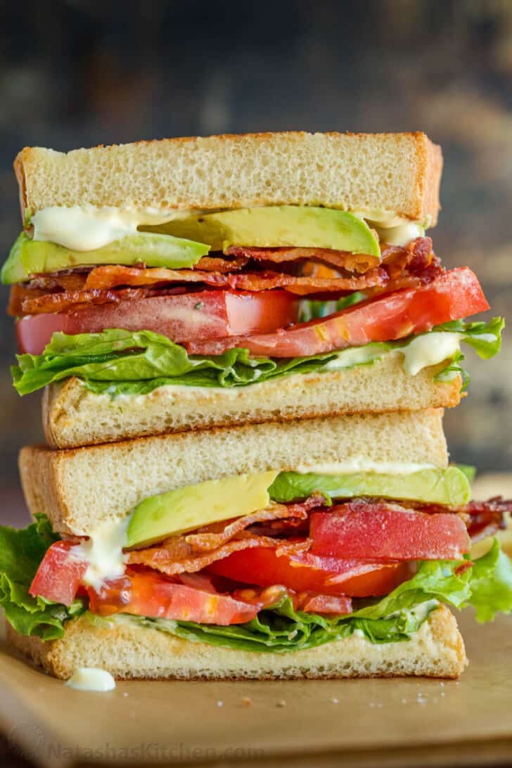 Stacked BLT Sandwiches cut in half to show center