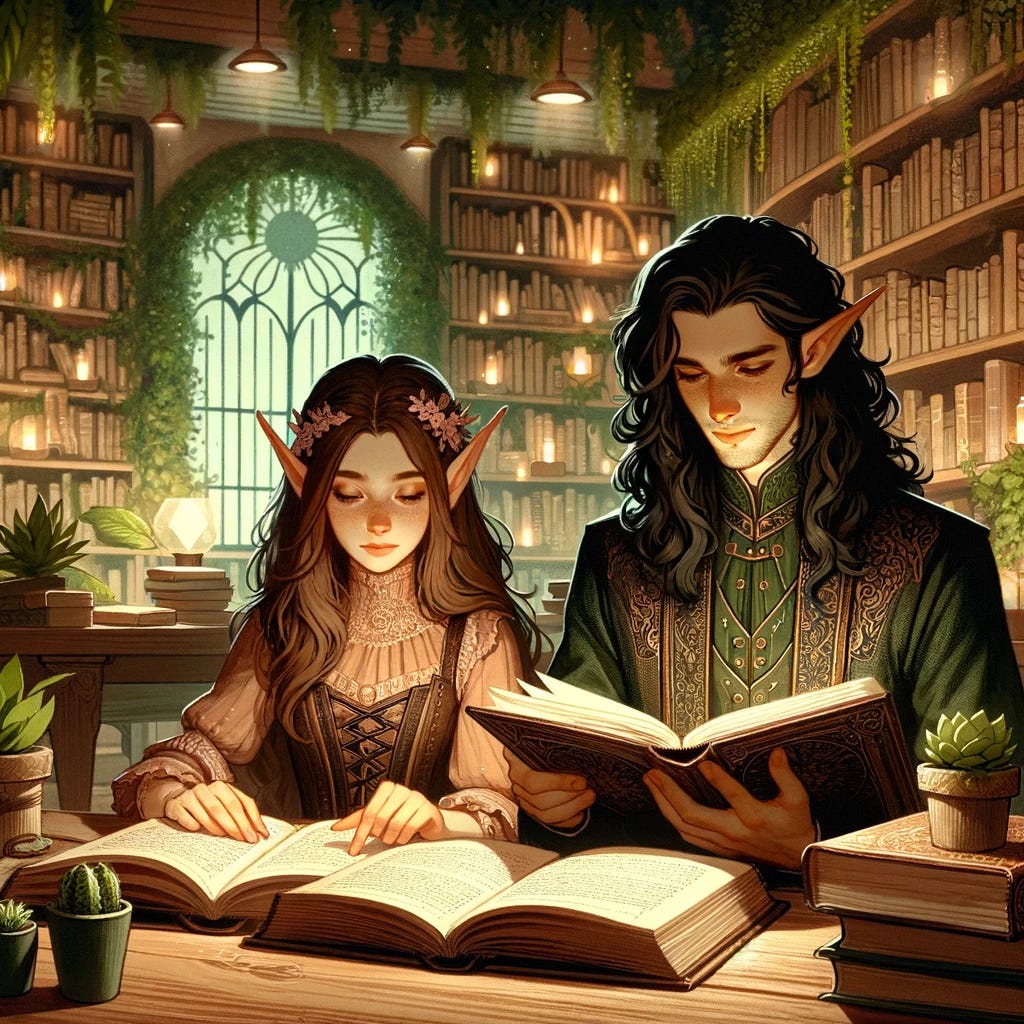 Illustrate the young female elf with medium-length brown hair and the male elf mage with long black curly hair inside a cozy, eco-friendly library. They are deeply engrossed in ancient spellbooks, surrounded by shelves of books and soft, green foliage. The library has a warm, inviting atmosphere with soft lighting, creating a perfect blend of technology and nature in a solarpunk setting. The elves are seated at a wooden table, their expressions showing concentration and curiosity as they study the magical texts.
