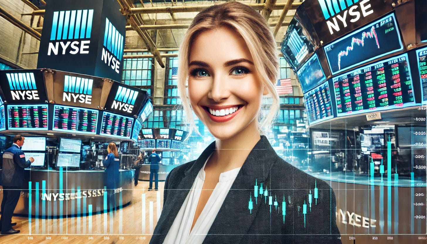 A professional scene featuring a smiling blonde woman at the New York Stock Exchange, standing in front of a backdrop with stock tickers and trading screens displaying market data. The woman is dressed in business attire, conveying a sense of optimism and success. The background includes the iconic NYSE environment with digital tickers and a bustling yet composed trading floor. The mood is energetic and positive, ideal for financial and market-related content.