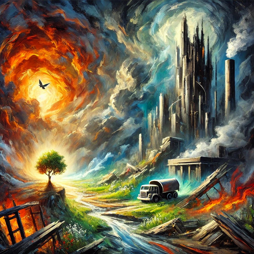 An expressive oil painting that symbolizes the transformation and challenges of the pharmaceutical industry. The scene features a dramatic landscape with broken machinery and fragmented pathways leading to a towering, shadowy laboratory under a stormy, turbulent sky. Bright yet ominous colors, such as fiery oranges and deep blues, blend with heavy brushstrokes to convey conflict and change. In the foreground, a small tree begins to bloom, symbolizing hope and renewal. The overall style is bold and emotive, capturing the tension and possibility inherent in the theme.