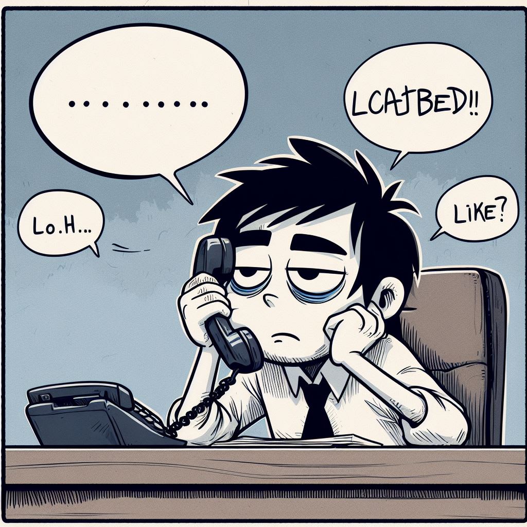 A cartoon character looking extremely bored while talking on the phone.  The character is saying "Lo. H...  ............. LCAJTBED!! Like?"