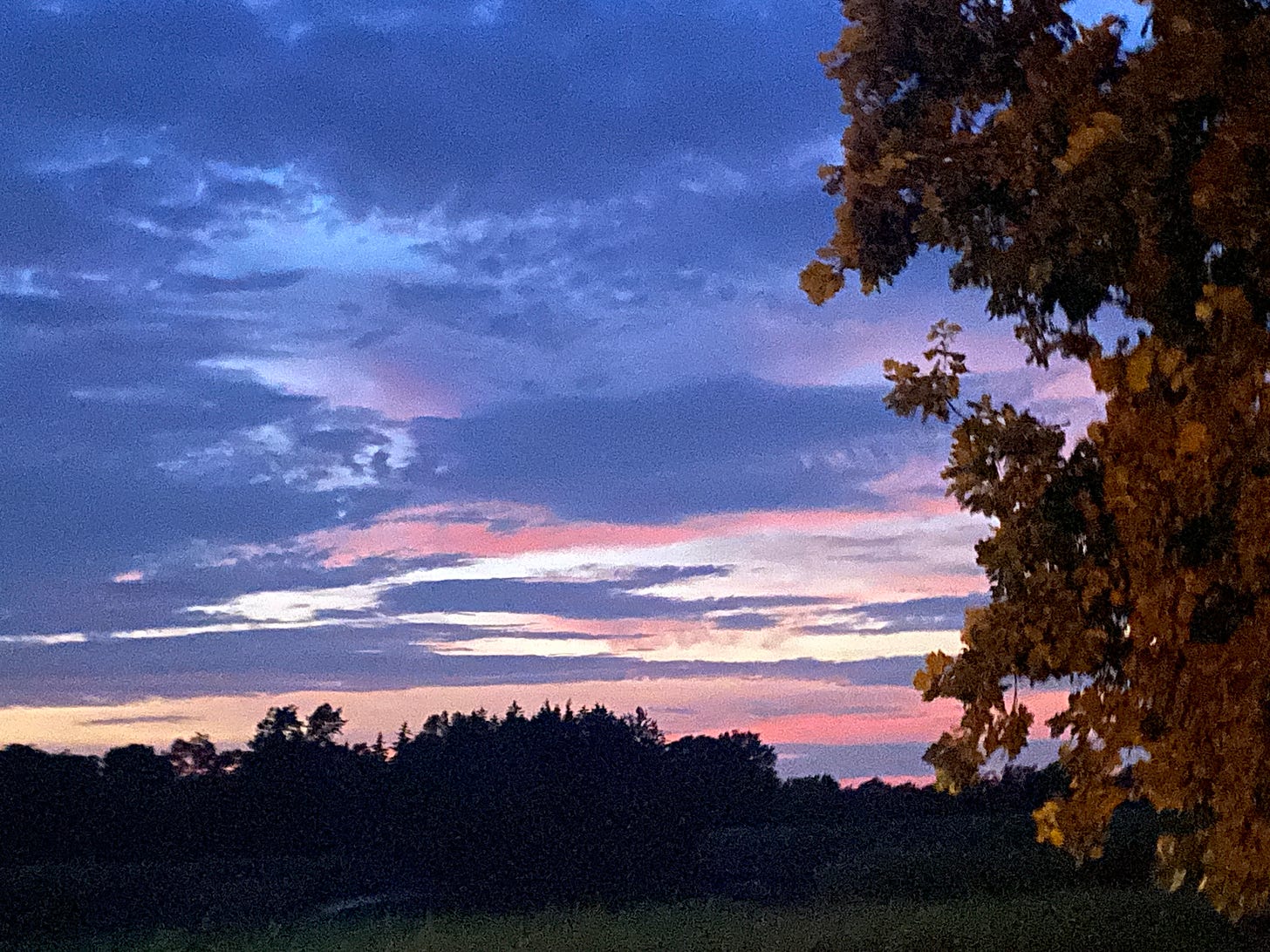 the evening sky in strips of periwinkle, pink, white & light purple