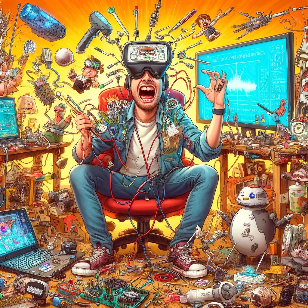 Create a humorous and cartoonish image for a newsletter, under the theme 'How A Techie Handles Boredom.' Depict a tech enthusiast in a comically overstated scenario, where they're using an absurdly complex and over-the-top array of gadgets and technology to alleviate boredom. Imagine the character surrounded by a chaotic assortment of devices: a robot trying to play cards, a VR headset displaying a ridiculously unrealistic game, gadgets flying around due to a failed experiment, and the techie multitasking with a joystick in one hand and a soldering iron in the other. The scene should be filled with visual gags and exaggerated tech elements, highlighting the techie's quirky and inventive solutions to boredom, all rendered in a vibrant, cartoonish style that emphasizes the humor and whimsical nature of tech enthusiasts when they let their creativity run wild.