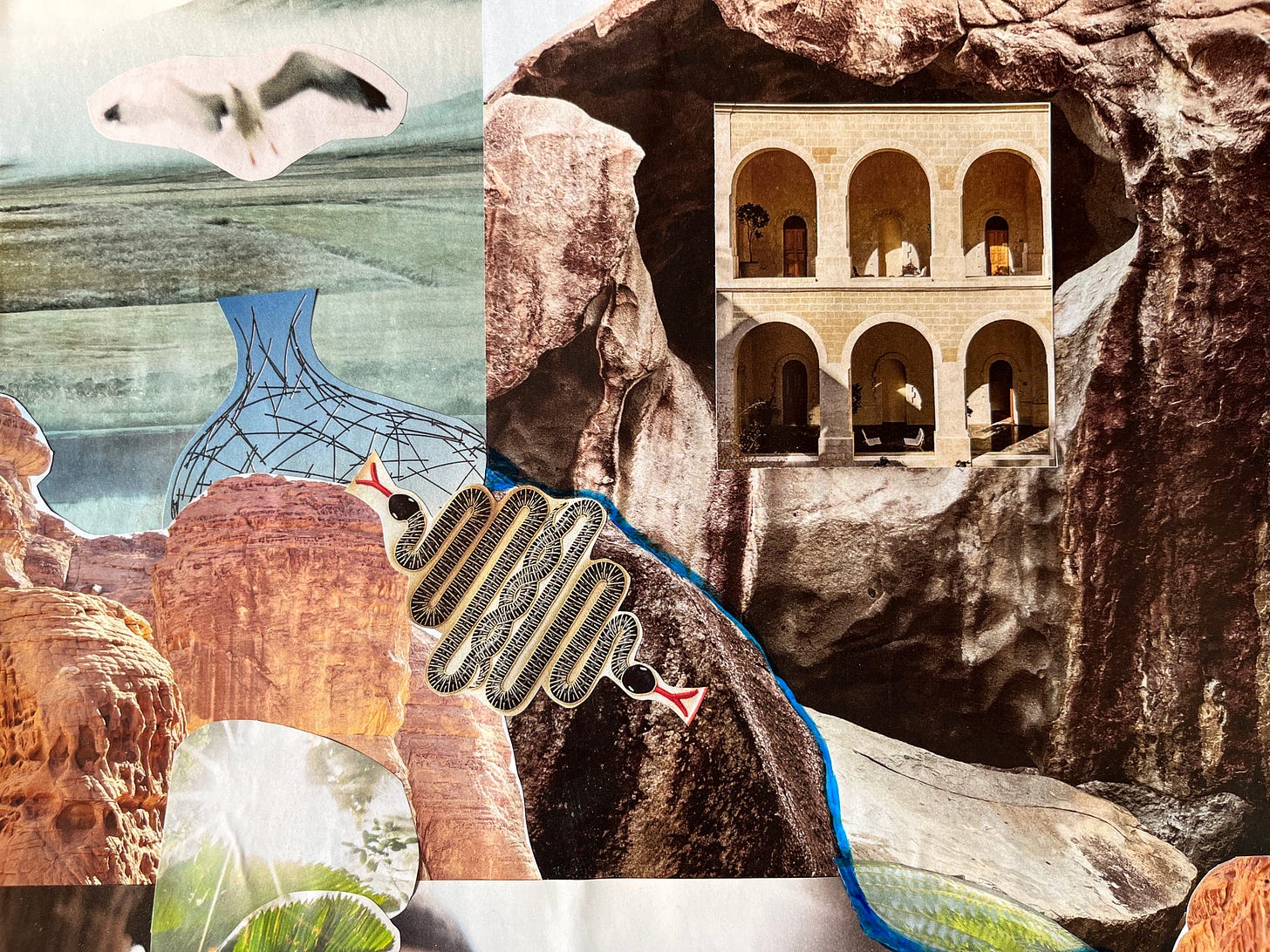 a portion of this years collage, featuring mountainous rock, a blurry seagull, two snakes linked and a row of arched doorways