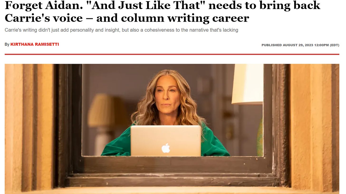 A screenshot of the Salon article, "Forget Aidan. 'And Just Like That' needs to bring back Carrie's voice - and column writing career