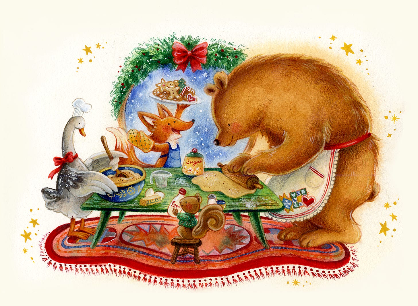 A watercolor and  colored pencil illustration of woodland animals baking christmas cookies.