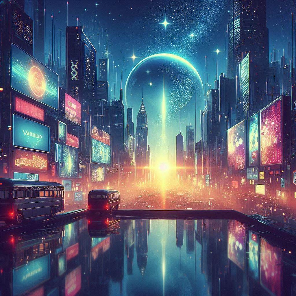 shiny second sphere in night sky with advertisement, sci-fi drawing