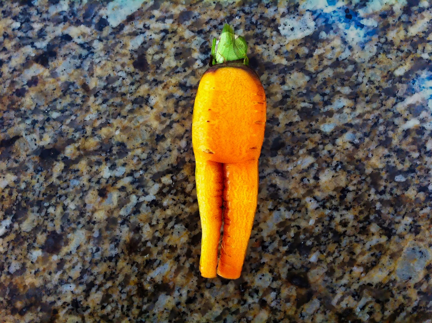 A carrot that split while growing makes it look like it has two legs attached to a body with a short green head formed from where the greenery was snipped away