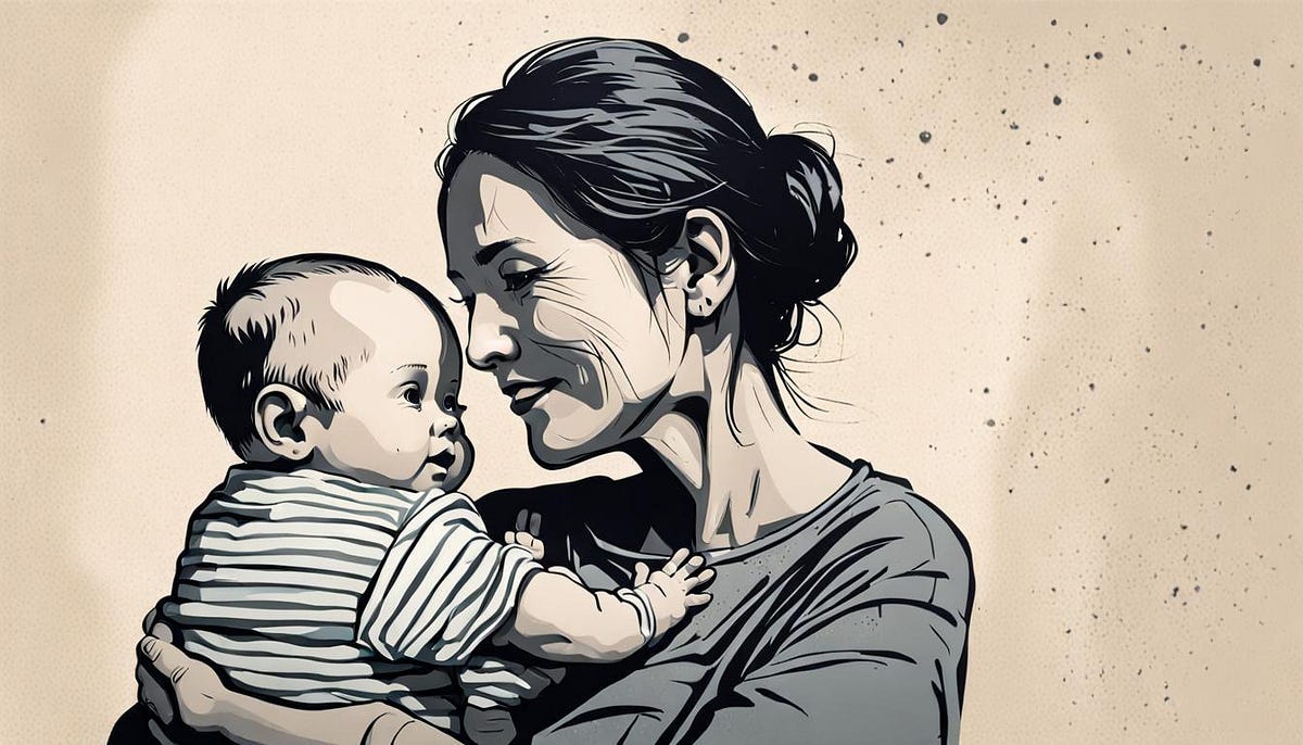 Human baby with mother, black and white drawing