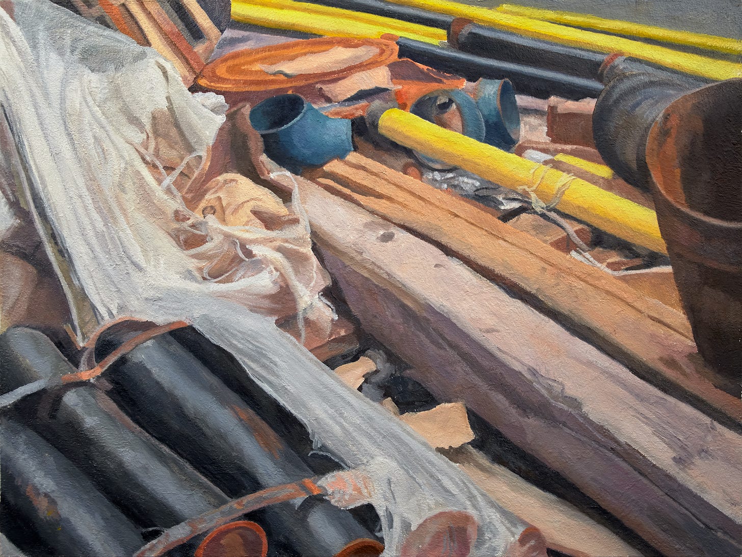 A painting of lumber, pipes and plastic jumbled together as at a construction site. The painting's surface is heavily textured.