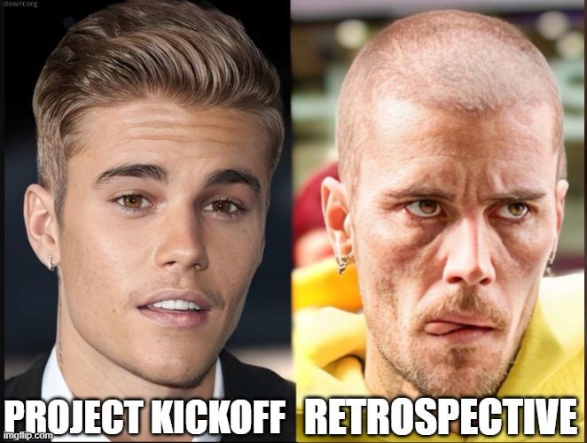 Side-by-side comparison of a fresh-faced, enthusiastic team member at project kickoff vs. the same person looking exhausted and over it during the retrospective.