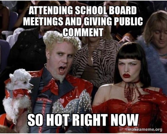 Overdressed people in award show audience with caption "attending school board meetings and giving comments, so hot right now"