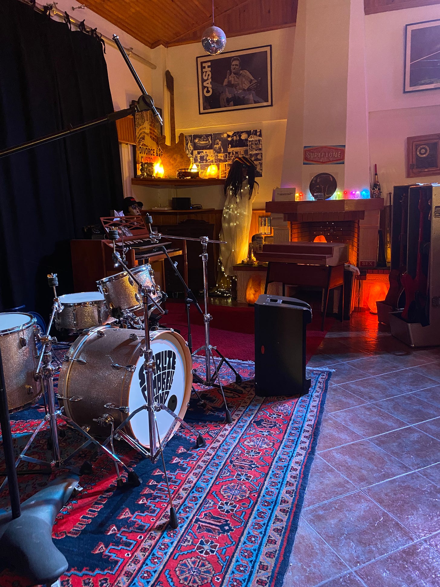 Inside the Supertone recording studio with drums, Hammond organ, salt crystal lamps and glitter ball - in Samora Correia, Portugal