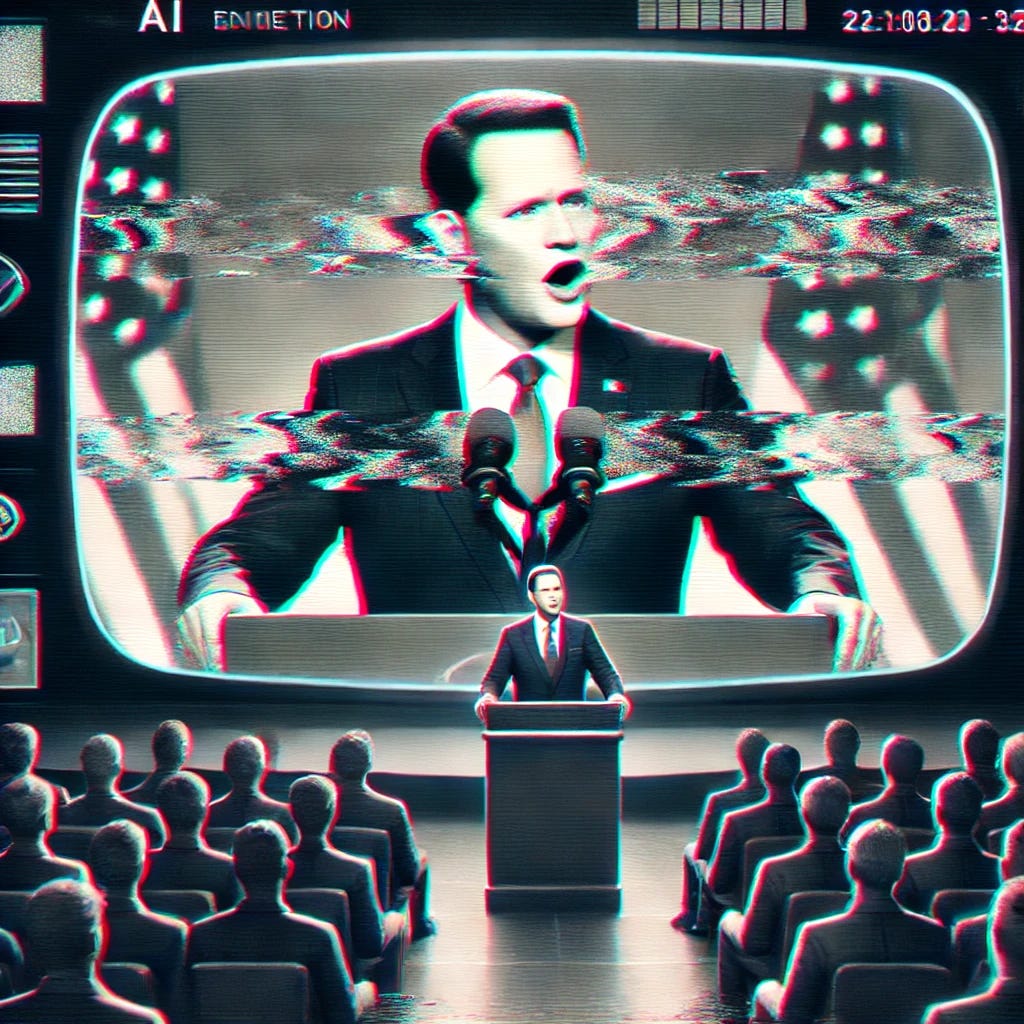 An image depicting a political speech broadcast on television, but the scene is infused with subtle distortions and signs of AI manipulation. The politician appears to be giving a serious speech, but exaggerated and slightly off facial expressions hint that something is not quite right. Behind the politician, the background has glitchy, digital artifacts, indicating AI-generated reality editing. The television screen is slightly distorted, with parts of the speech subtly altered, and the audience is split between confusion and amusement. The overall atmosphere is one of unease, with technology clearly influencing the scene.