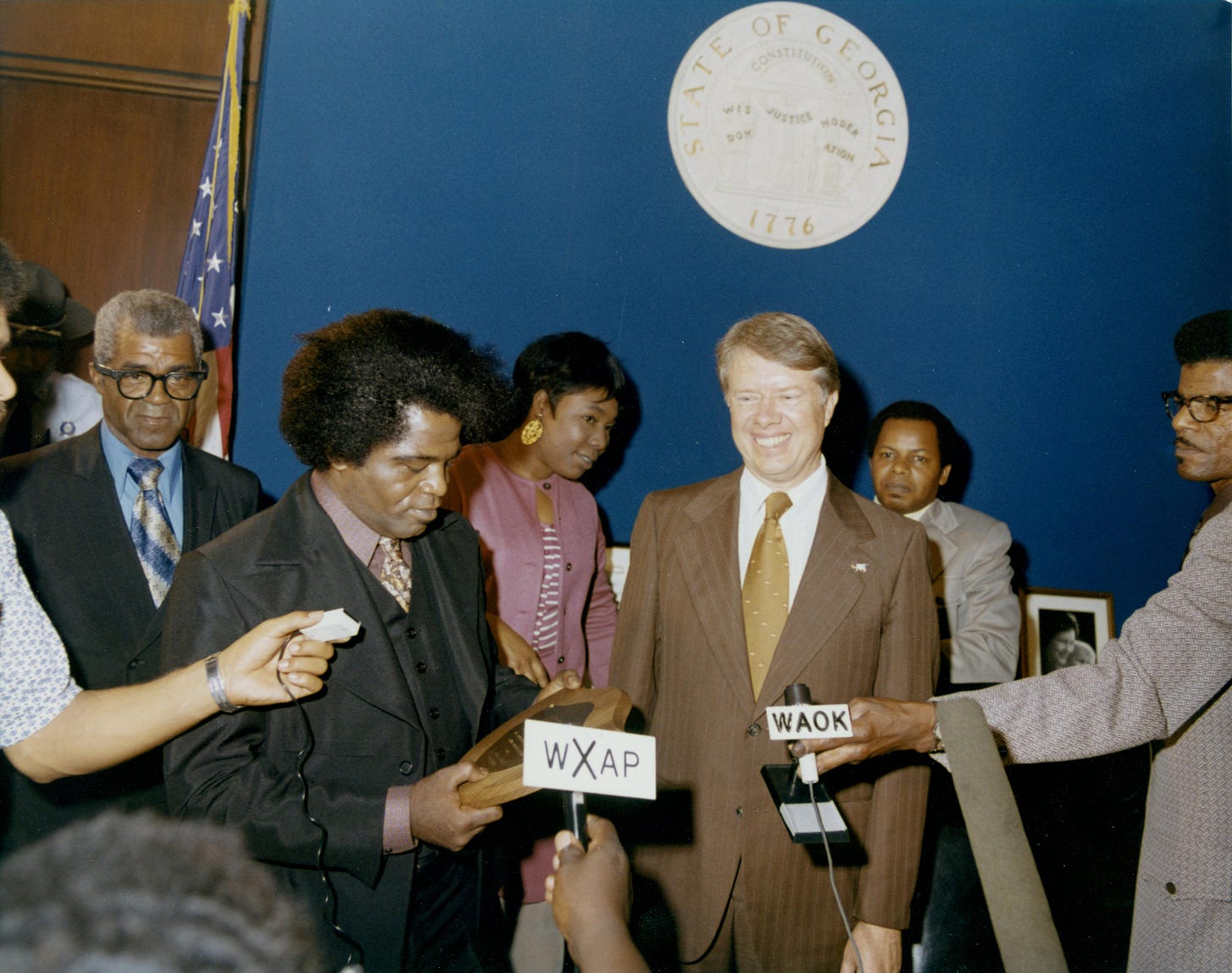 Godfather of Soul James Brown, seen here in 1972, is another music legend <a href="https://www.theguardian.com/music/2012/oct/30/jimmy-carter-president-interview" target="_blank" target="_blank">who supported Carter's run</a> for presidential office. 